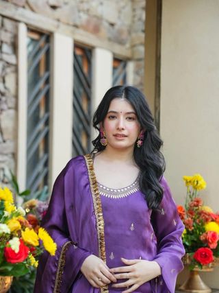 Purple Silk Crepe Embroidered Kurta Set with Dupatta for Women