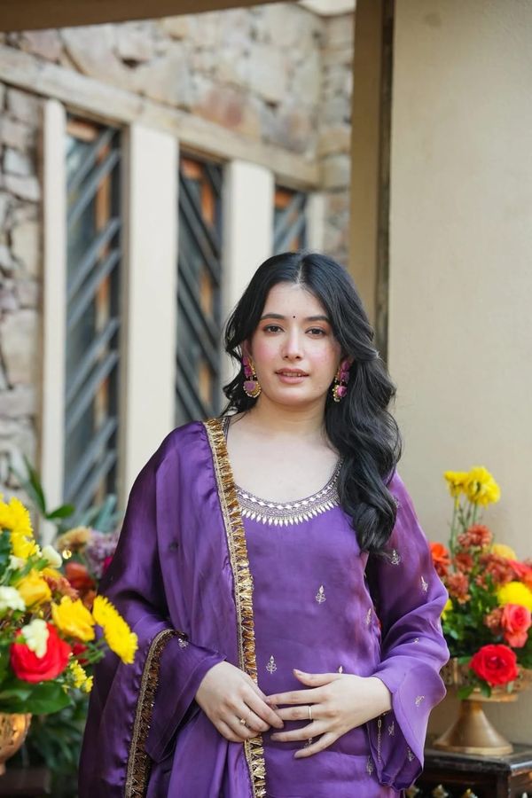 Purple Silk Crepe Embroidered Kurta Set with Dupatta for Women