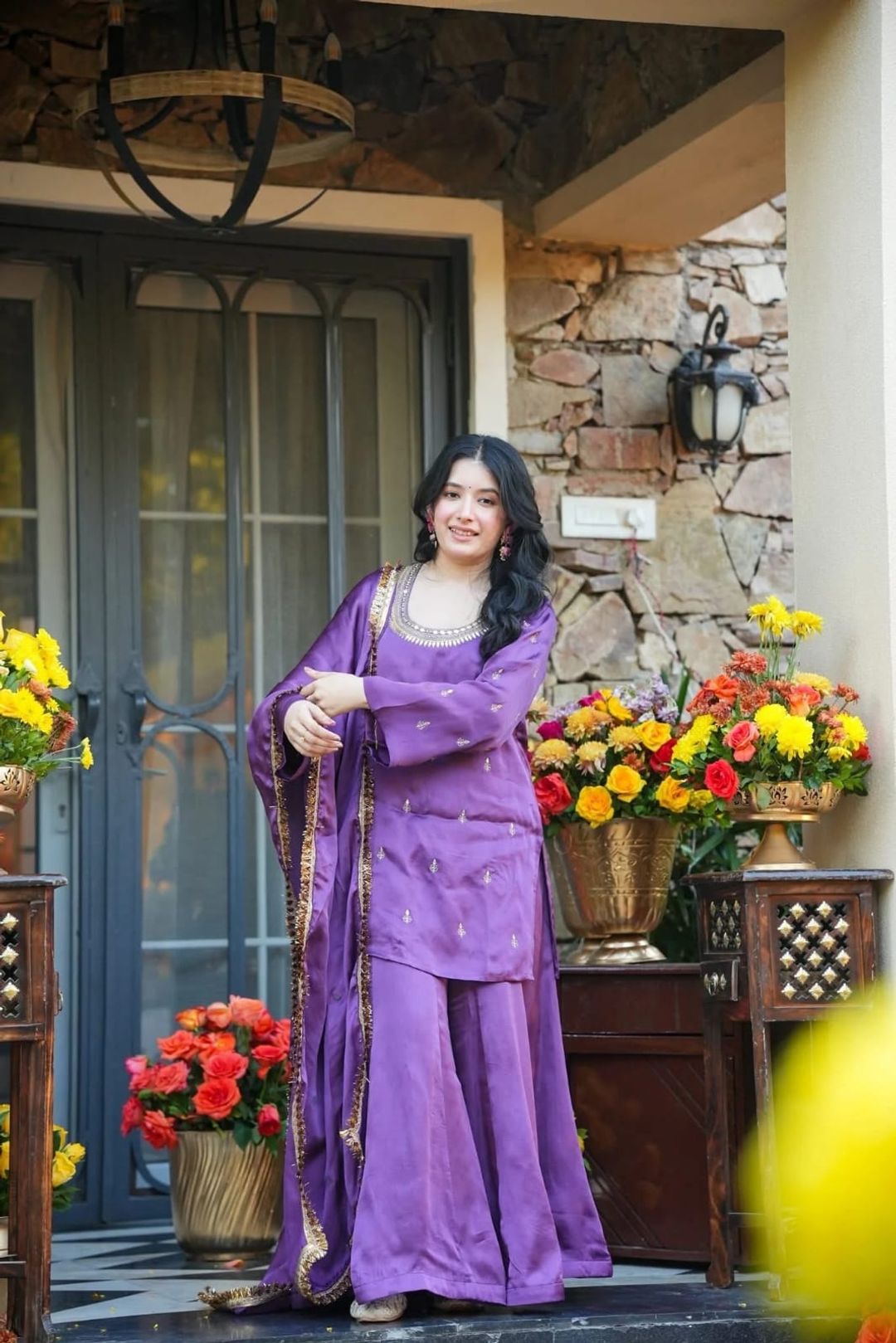 Purple Silk Crepe Embroidered Kurta Set with Dupatta for Women