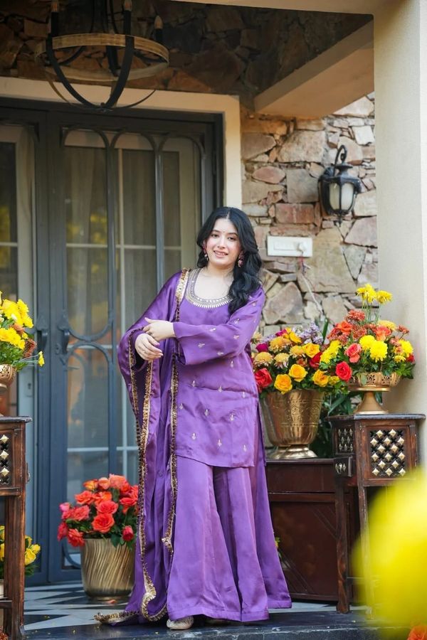 Purple Silk Crepe Embroidered Kurta Set with Dupatta for Women