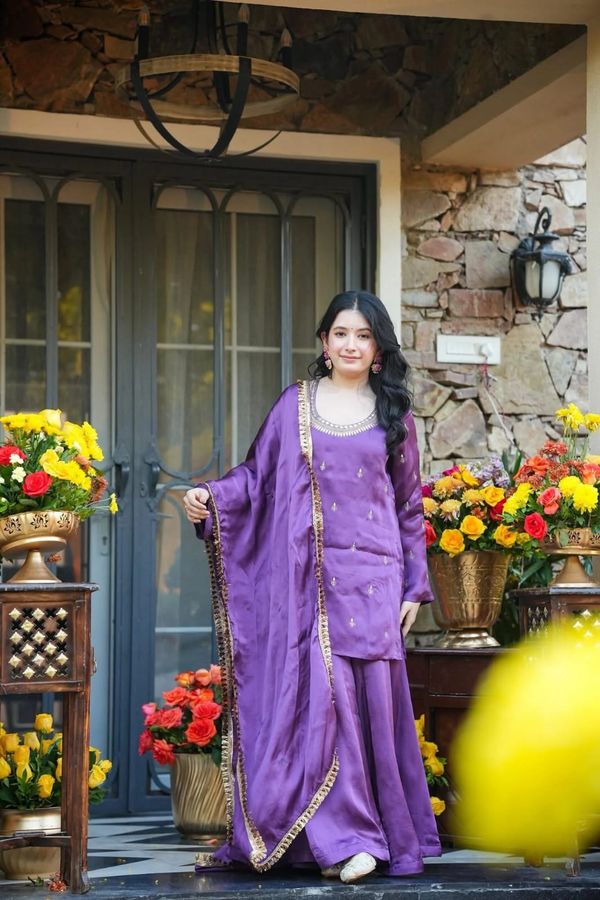 Purple Silk Crepe Embroidered Kurta Set with Dupatta for Women