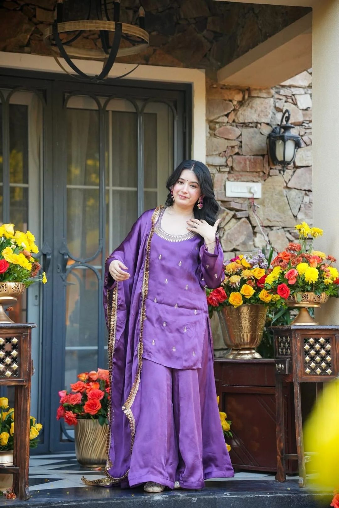 Purple Silk Crepe Embroidered Kurta Set with Dupatta for Women