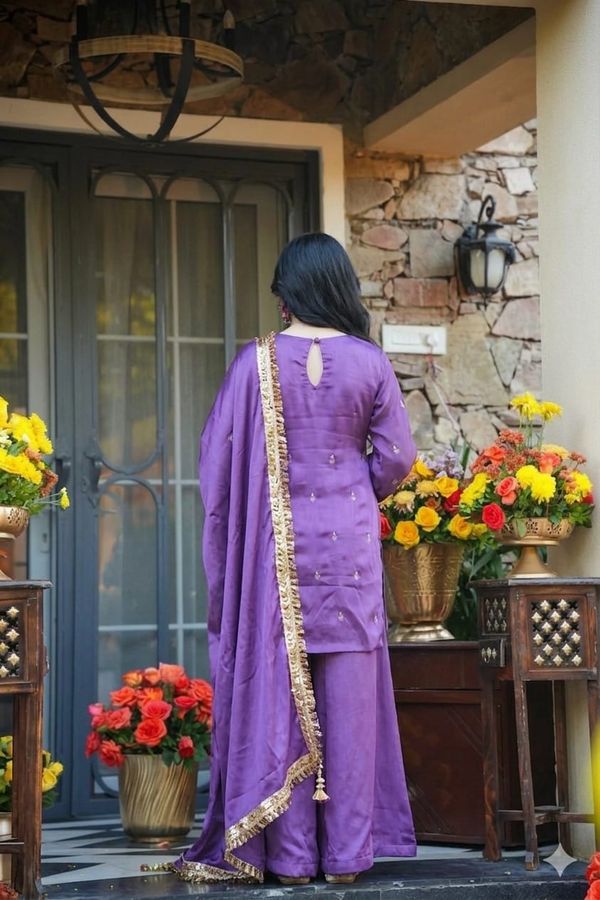 Purple Silk Crepe Embroidered Kurta Set with Dupatta for Women