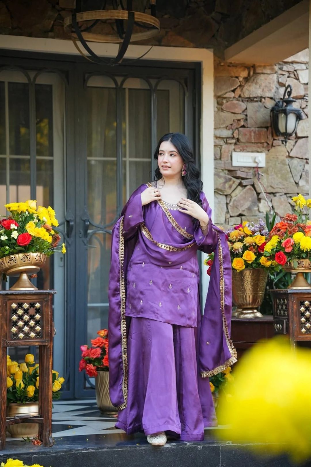 Purple Silk Crepe Embroidered Kurta Set with Dupatta for Women