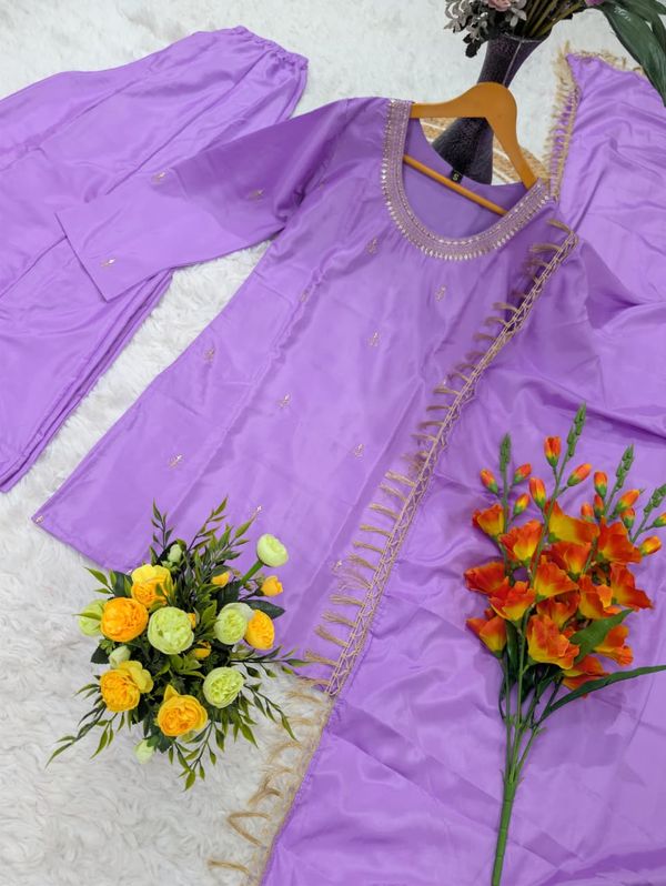 Purple Silk Crepe Embroidered Kurta Set with Dupatta for Women