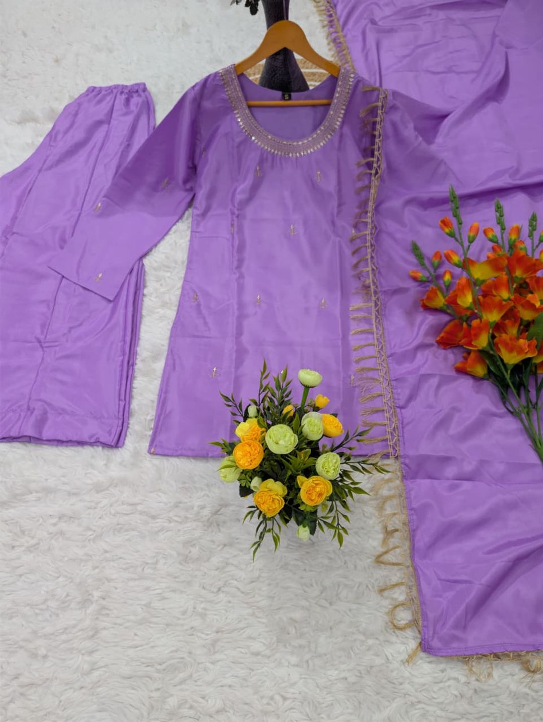 Purple Silk Crepe Embroidered Kurta Set with Dupatta for Women