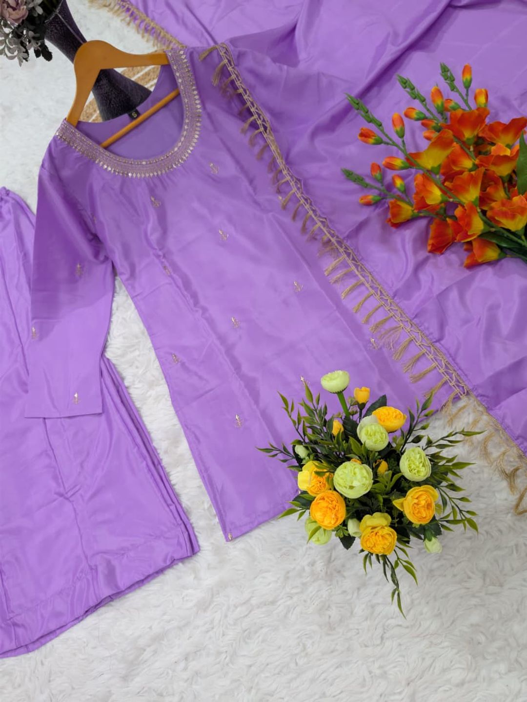 Purple Silk Crepe Embroidered Kurta Set with Dupatta for Women