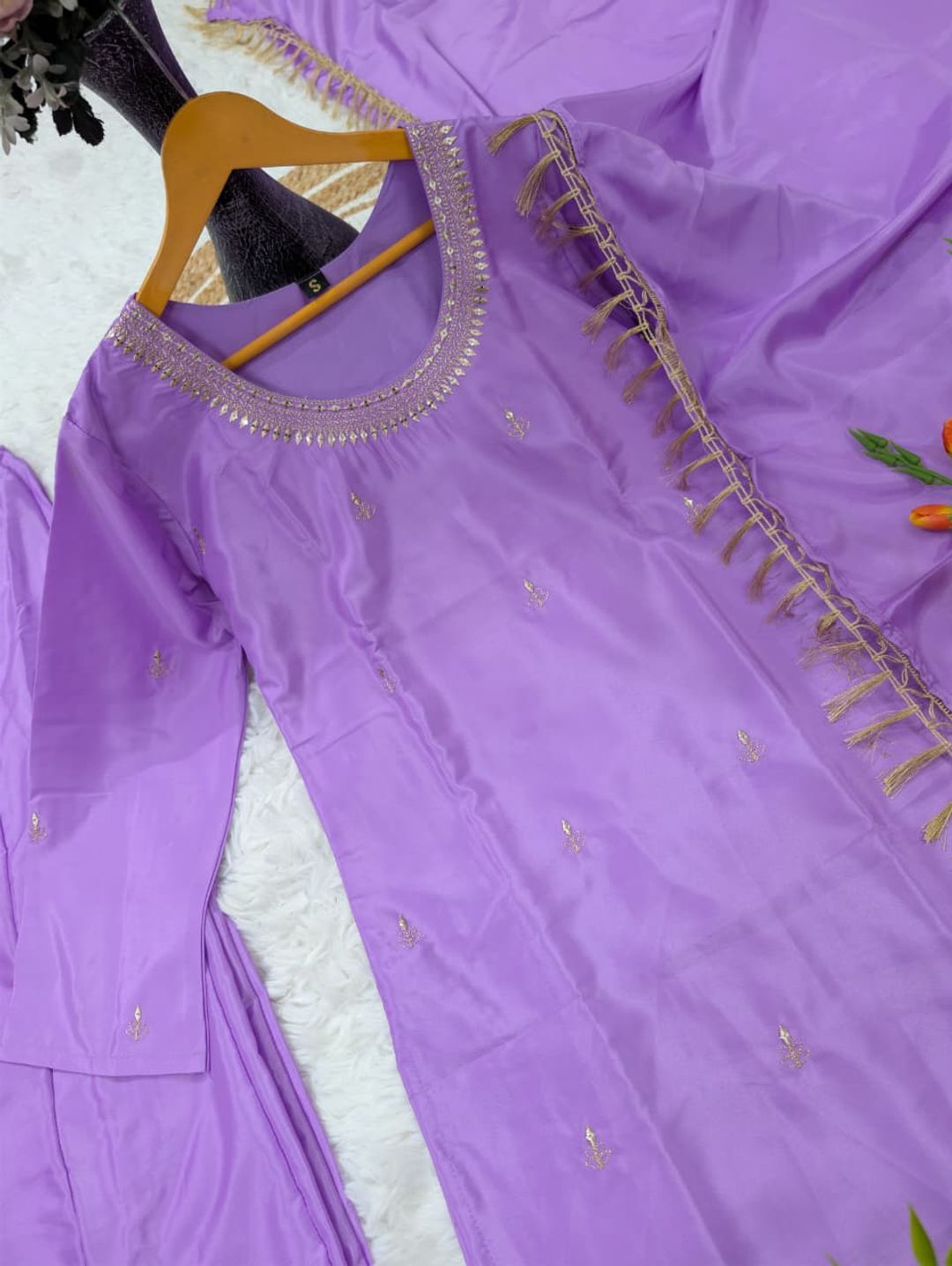 Purple Silk Crepe Embroidered Kurta Set with Dupatta for Women
