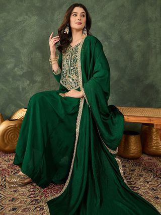 Emerald Green Vichitra Silk Embroidered Kurta Set with Dupatta