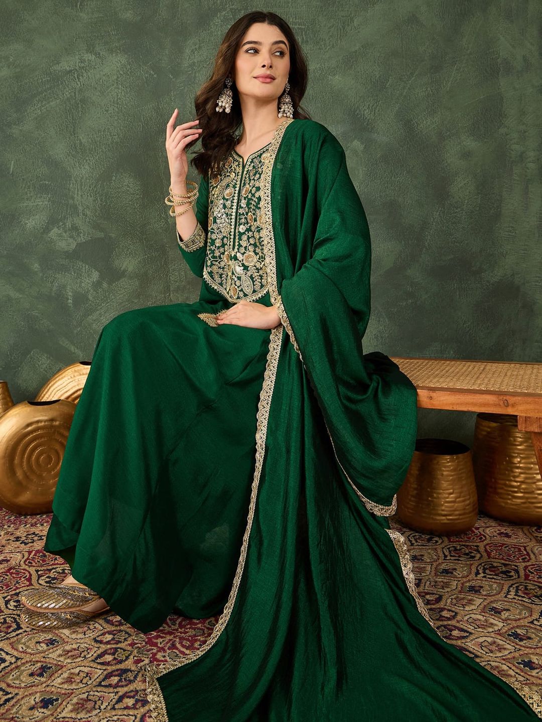 Emerald Green Vichitra Silk Embroidered Kurta Set with Dupatta