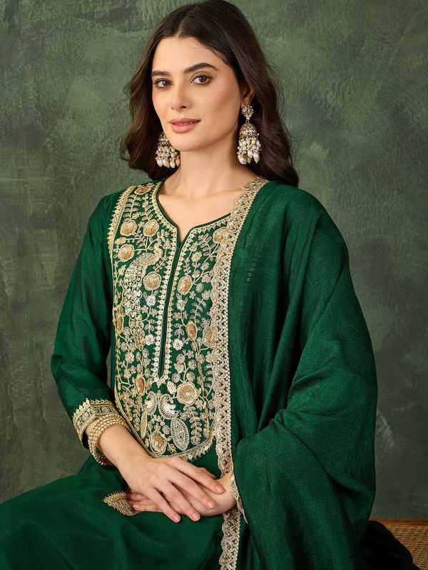 Emerald Green Vichitra Silk Embroidered Kurta Set with Dupatta