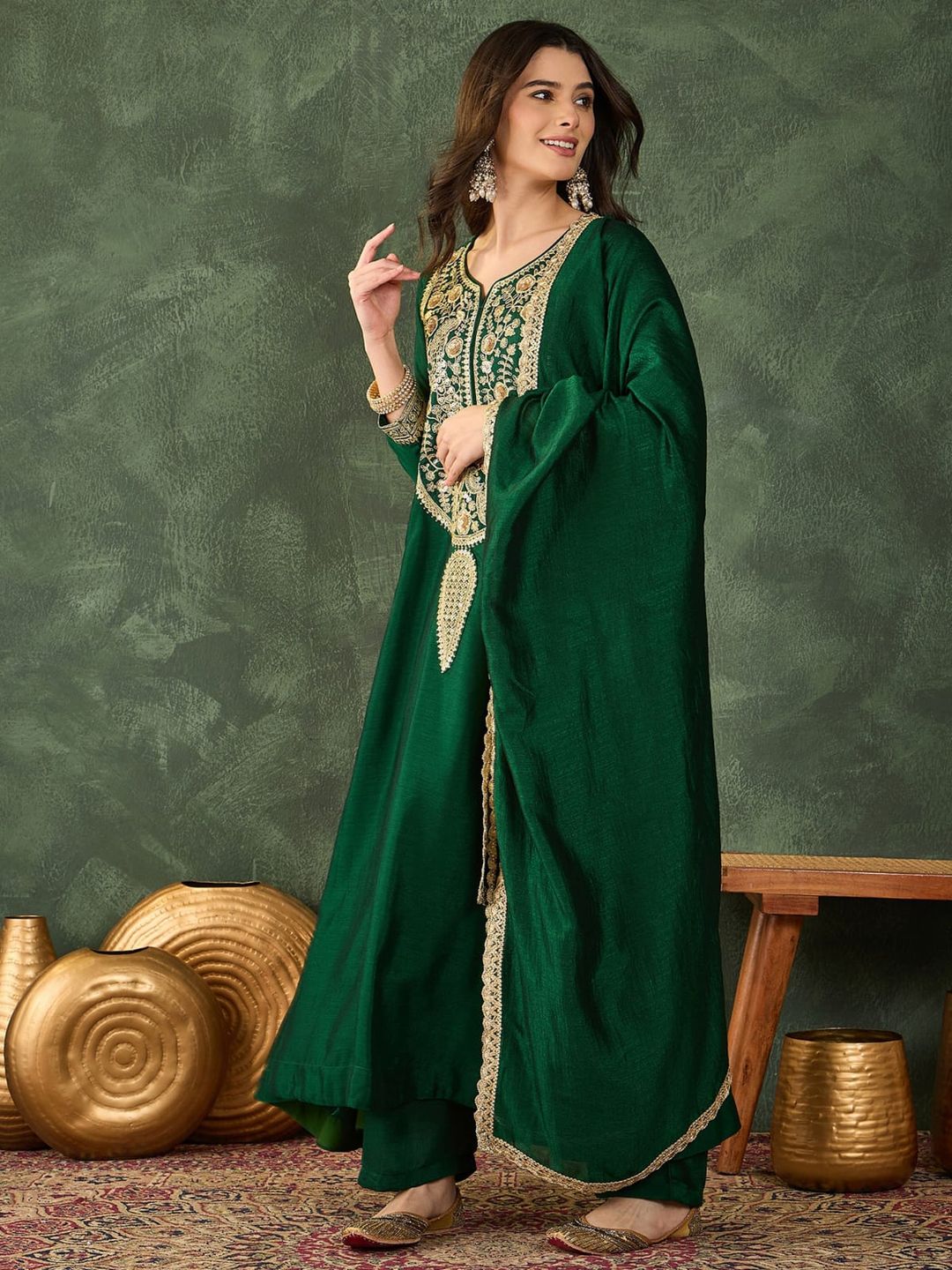 Emerald Green Vichitra Silk Embroidered Kurta Set with Dupatta