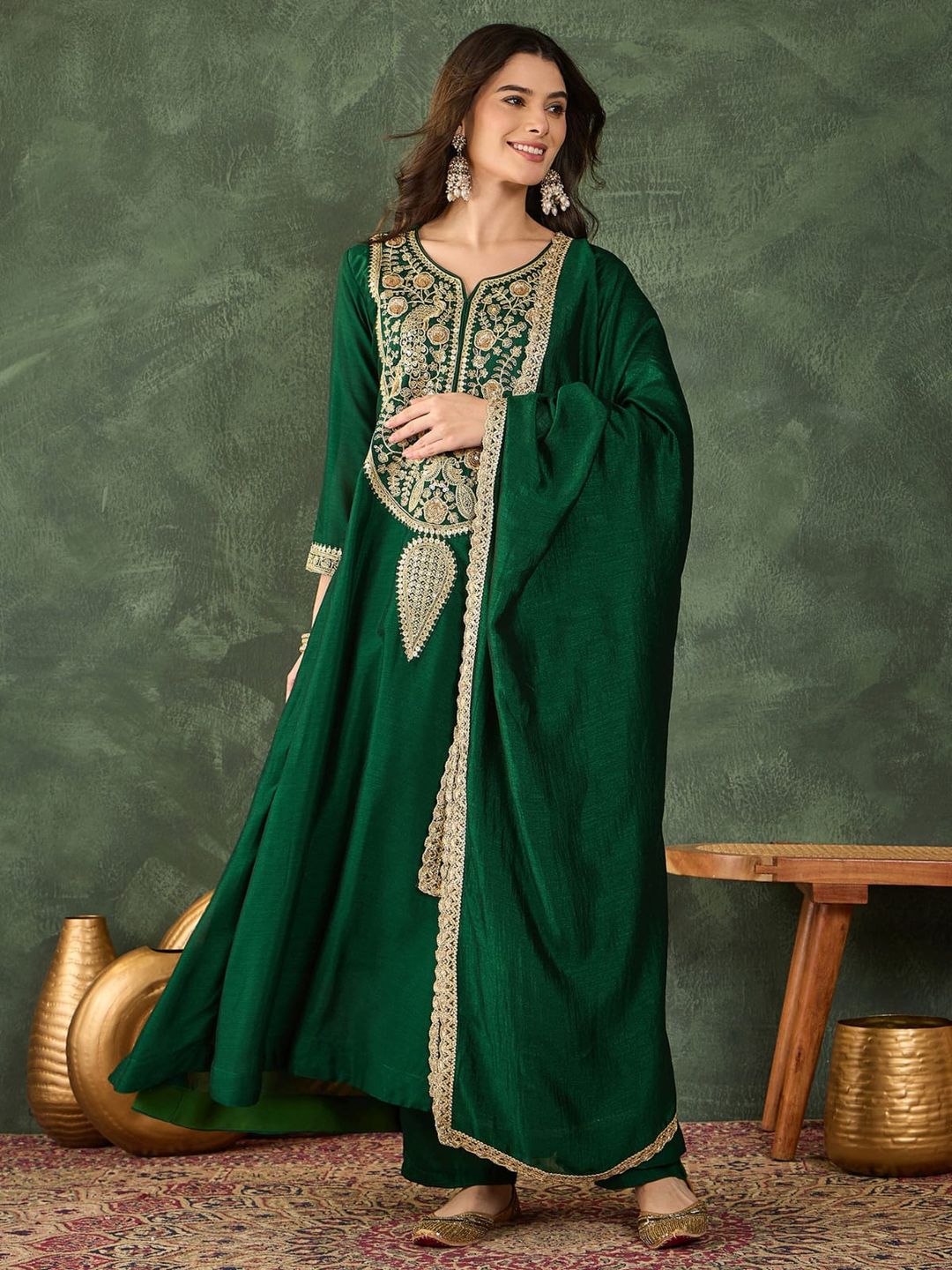 Emerald Green Vichitra Silk Embroidered Kurta Set with Dupatta