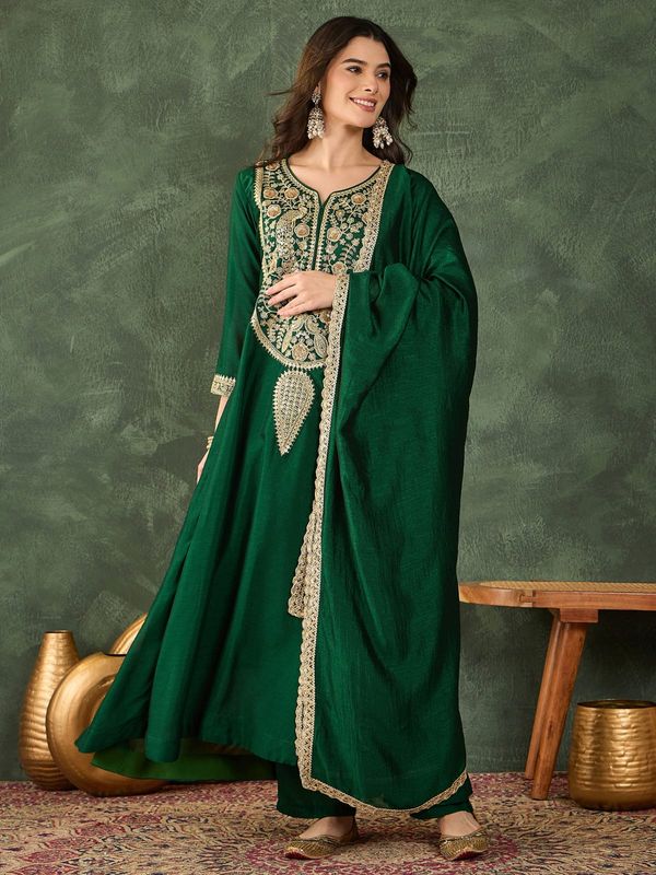 Emerald Green Vichitra Silk Embroidered Kurta Set with Dupatta