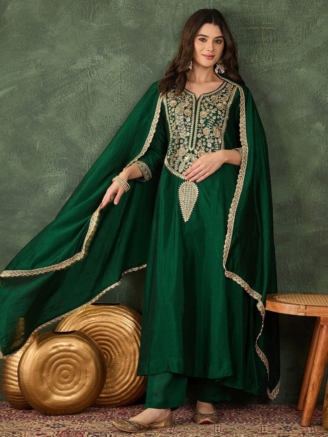 Emerald Green Vichitra Silk Embroidered Kurta Set with Dupatta