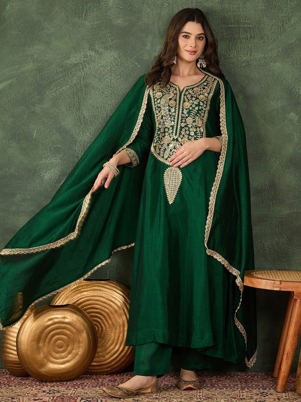 Emerald Green Vichitra Silk Embroidered Kurta Set with Dupatta