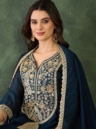 Navy Blue Vichitra Silk Embroidered Kurta Set with Dupatta