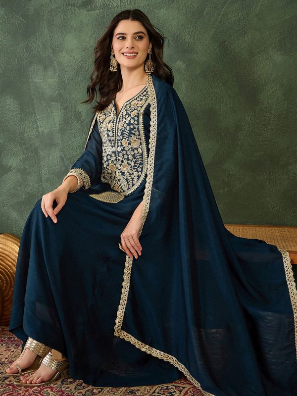 Navy Blue Vichitra Silk Embroidered Kurta Set with Dupatta