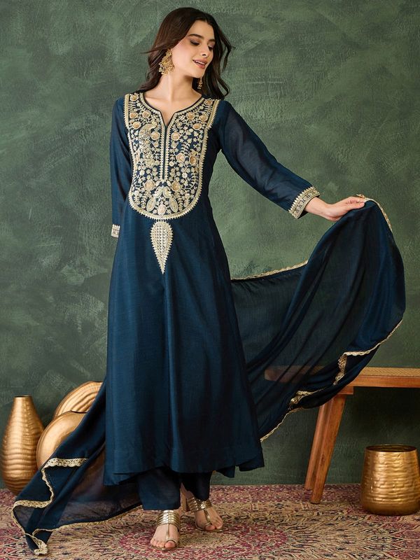 Navy Blue Vichitra Silk Embroidered Kurta Set with Dupatta
