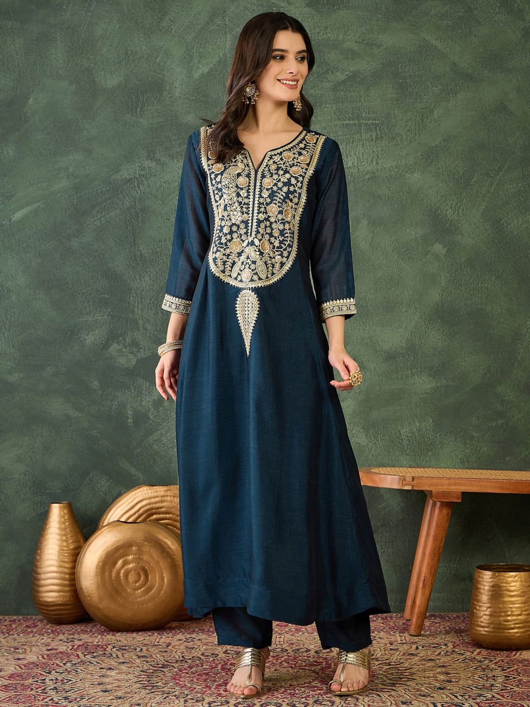 Navy Blue Vichitra Silk Embroidered Kurta Set with Dupatta