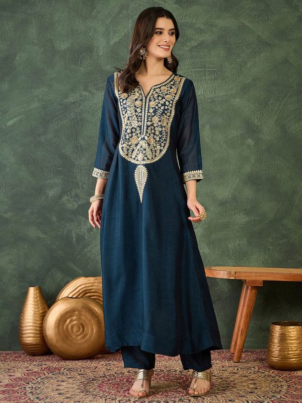Navy Blue Vichitra Silk Embroidered Kurta Set with Dupatta