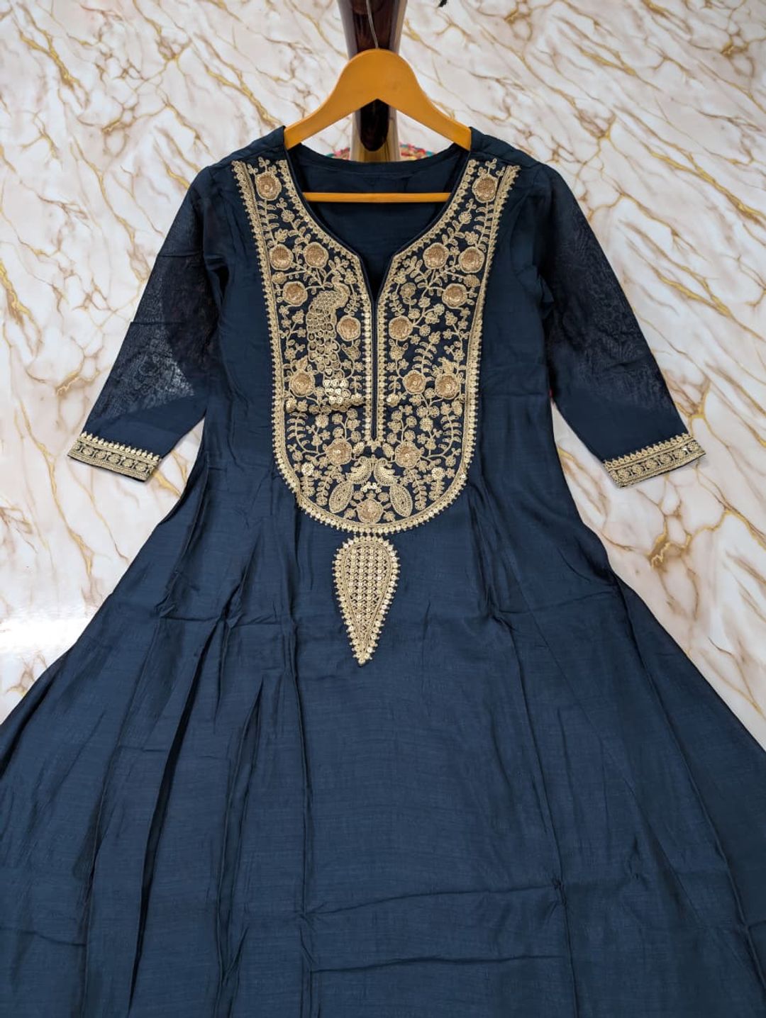 Navy Blue Vichitra Silk Embroidered Kurta Set with Dupatta
