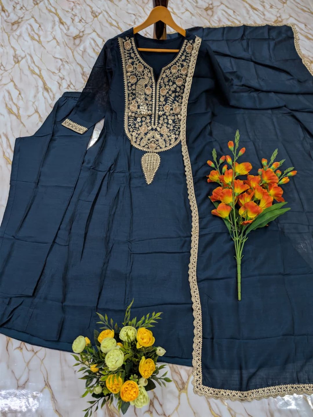 Navy Blue Vichitra Silk Embroidered Kurta Set with Dupatta