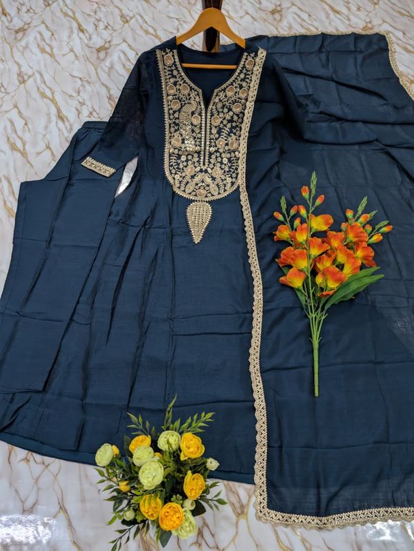 Navy Blue Vichitra Silk Embroidered Kurta Set with Dupatta
