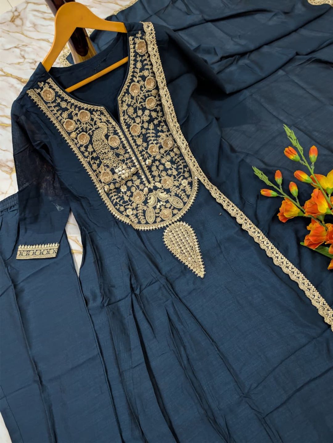 Navy Blue Vichitra Silk Embroidered Kurta Set with Dupatta