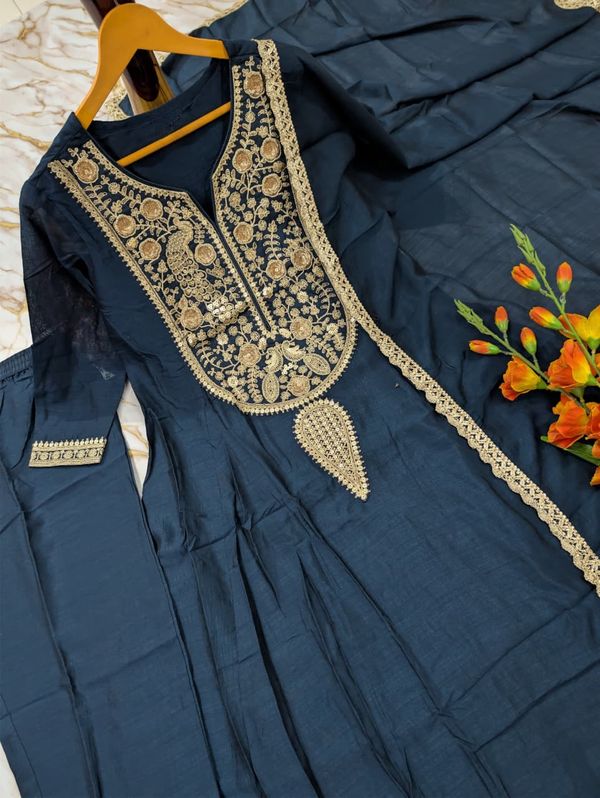 Navy Blue Vichitra Silk Embroidered Kurta Set with Dupatta