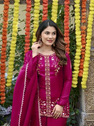 Rani Pink Frendy Silk Embroidered Sarara Suit Set with Dupatta