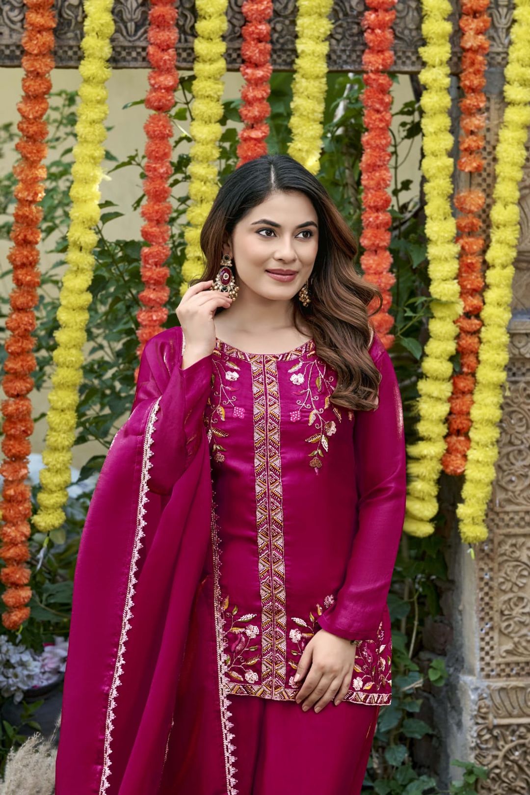 Rani Pink Frendy Silk Embroidered Sarara Suit Set with Dupatta