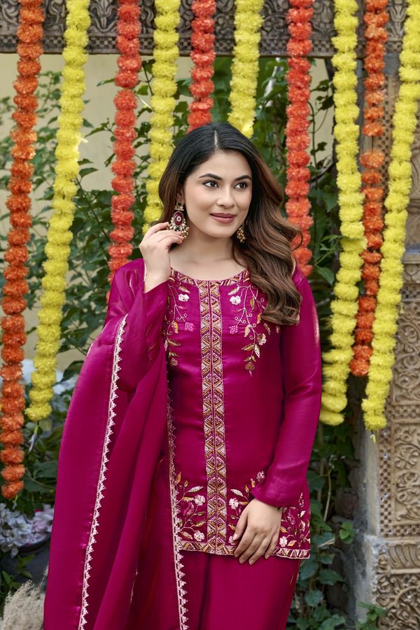 Rani Pink Frendy Silk Embroidered Sarara Suit Set with Dupatta