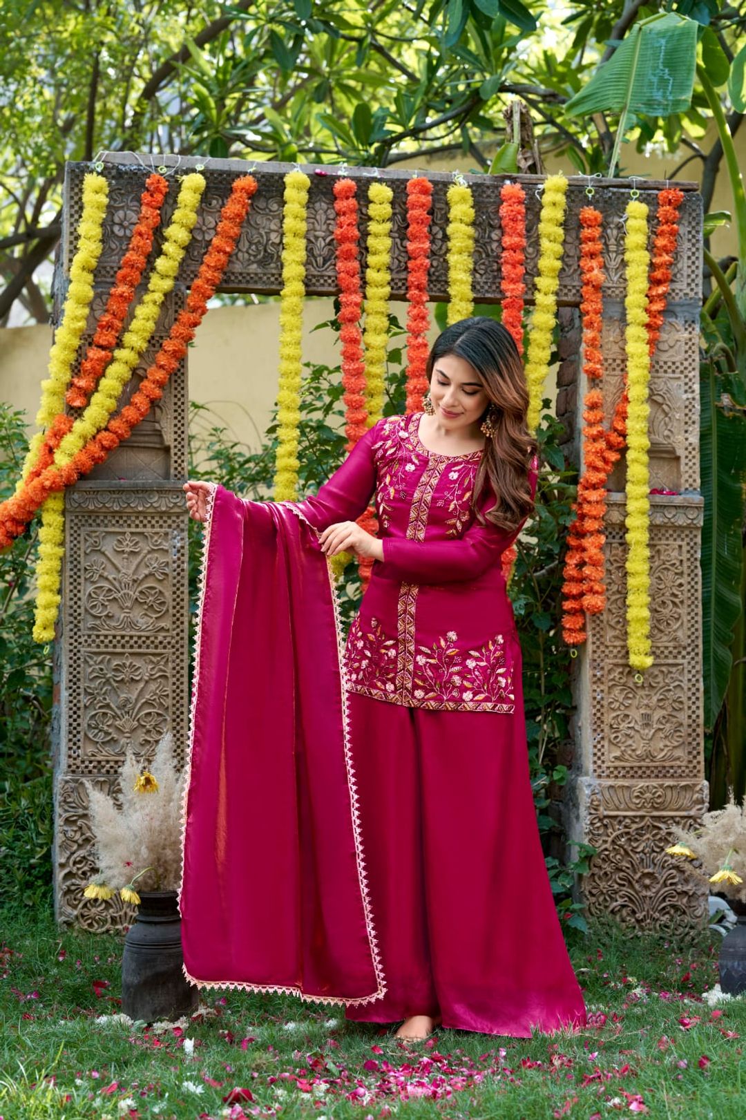 Rani Pink Frendy Silk Embroidered Sarara Suit Set with Dupatta