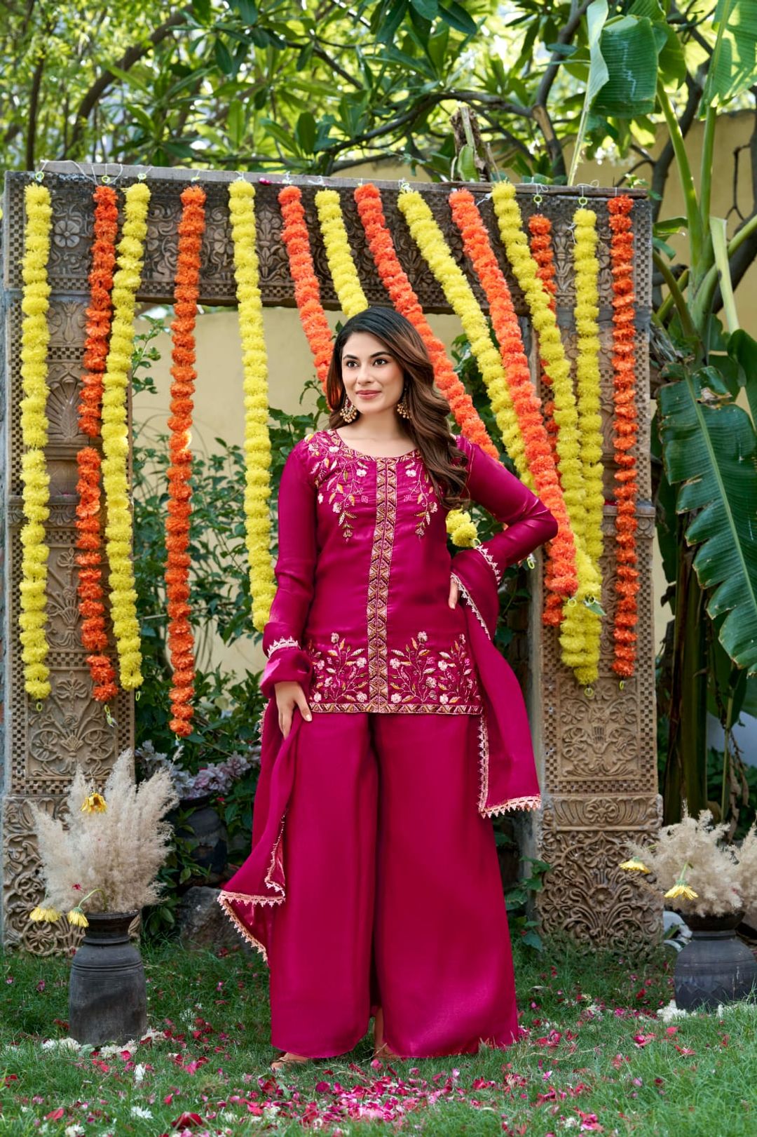 Rani Pink Frendy Silk Embroidered Sarara Suit Set with Dupatta