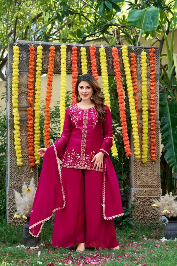 Rani Pink Frendy Silk Embroidered Sarara Suit Set with Dupatta