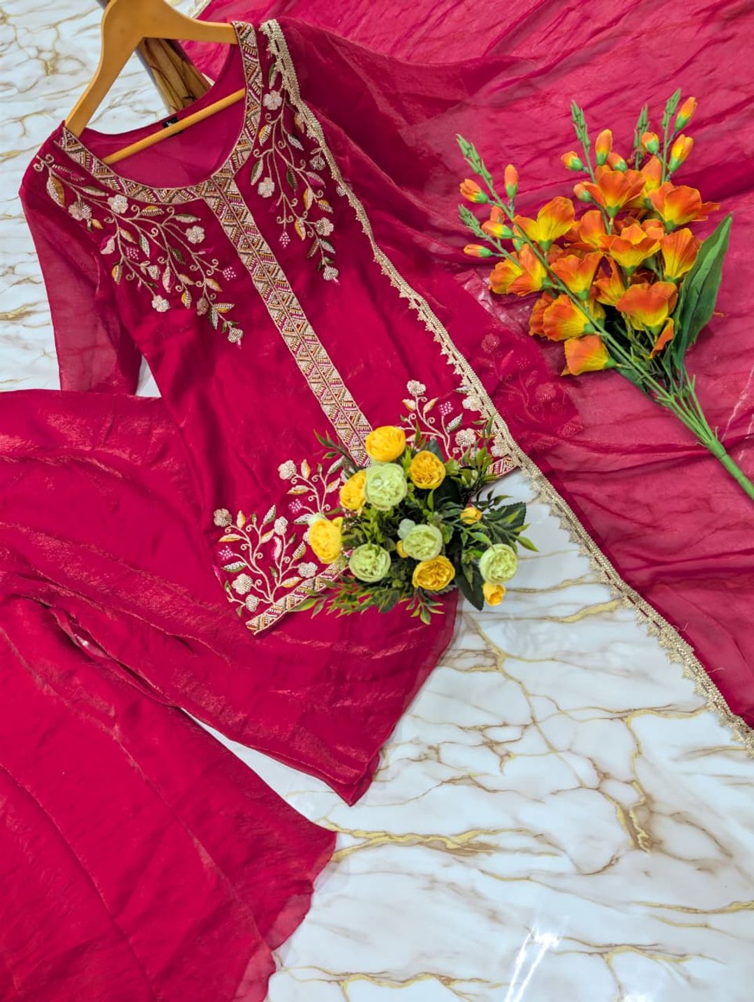 Rani Pink Frendy Silk Embroidered Sarara Suit Set with Dupatta