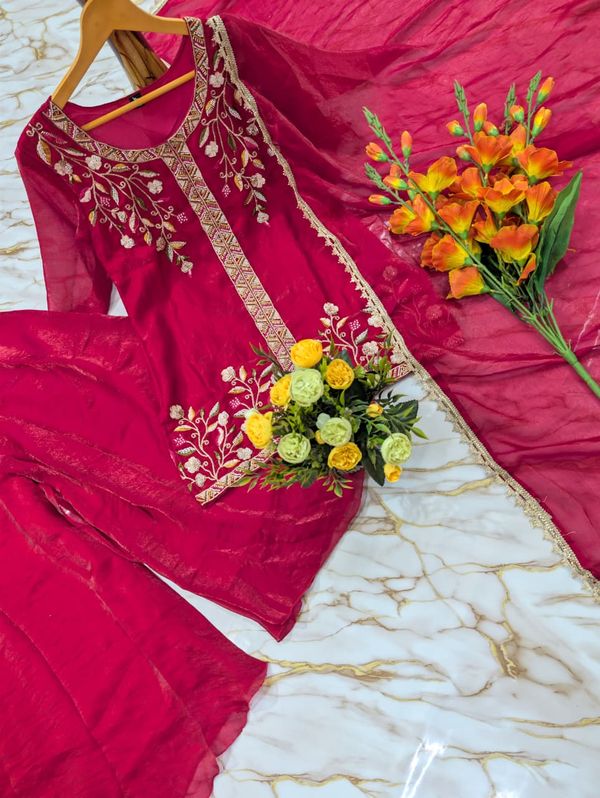 Rani Pink Frendy Silk Embroidered Sarara Suit Set with Dupatta