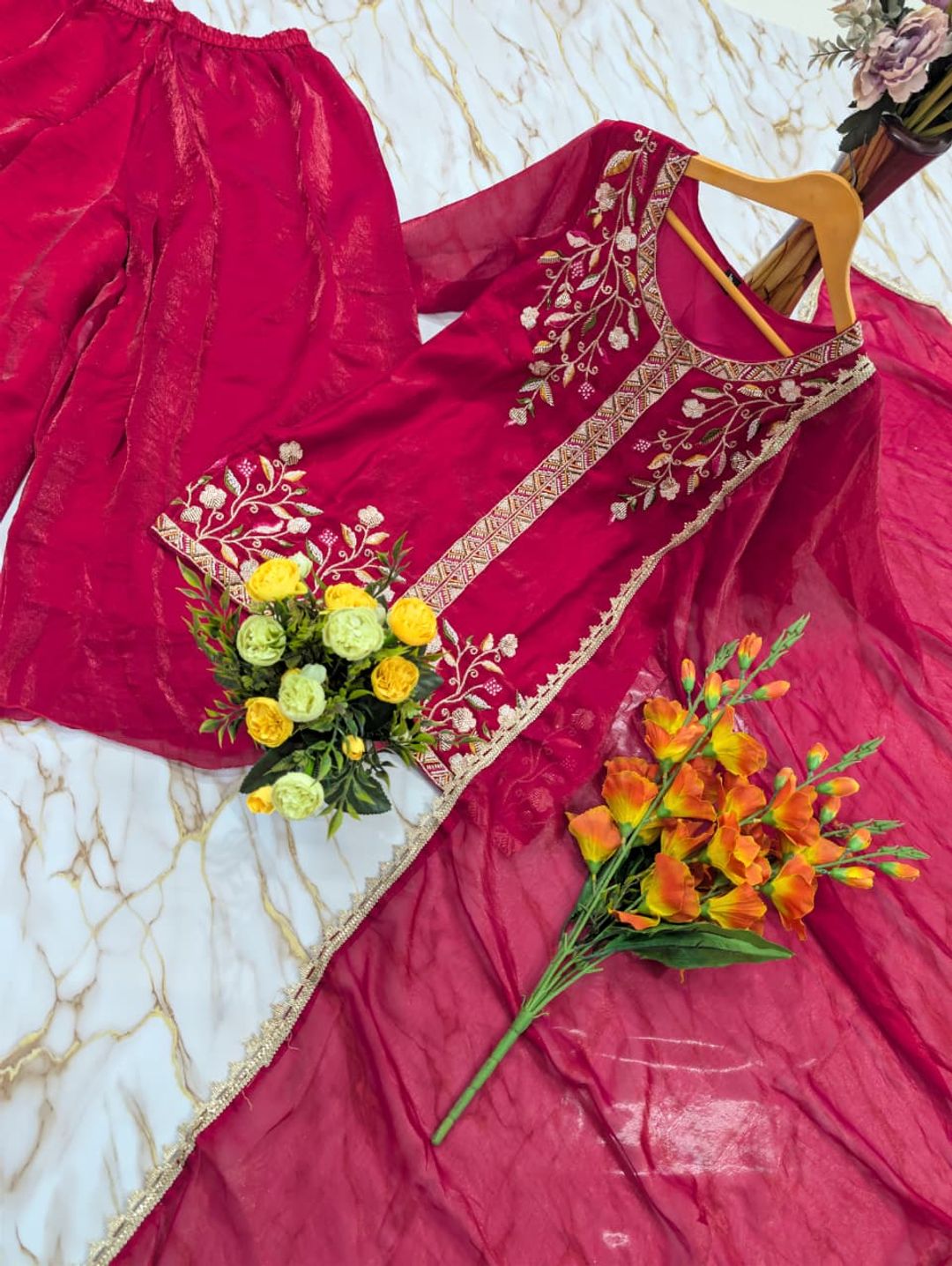 Rani Pink Frendy Silk Embroidered Sarara Suit Set with Dupatta