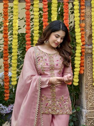 Dusty Pink Frendy Silk Embroidered Sarara Suit with Dupatta