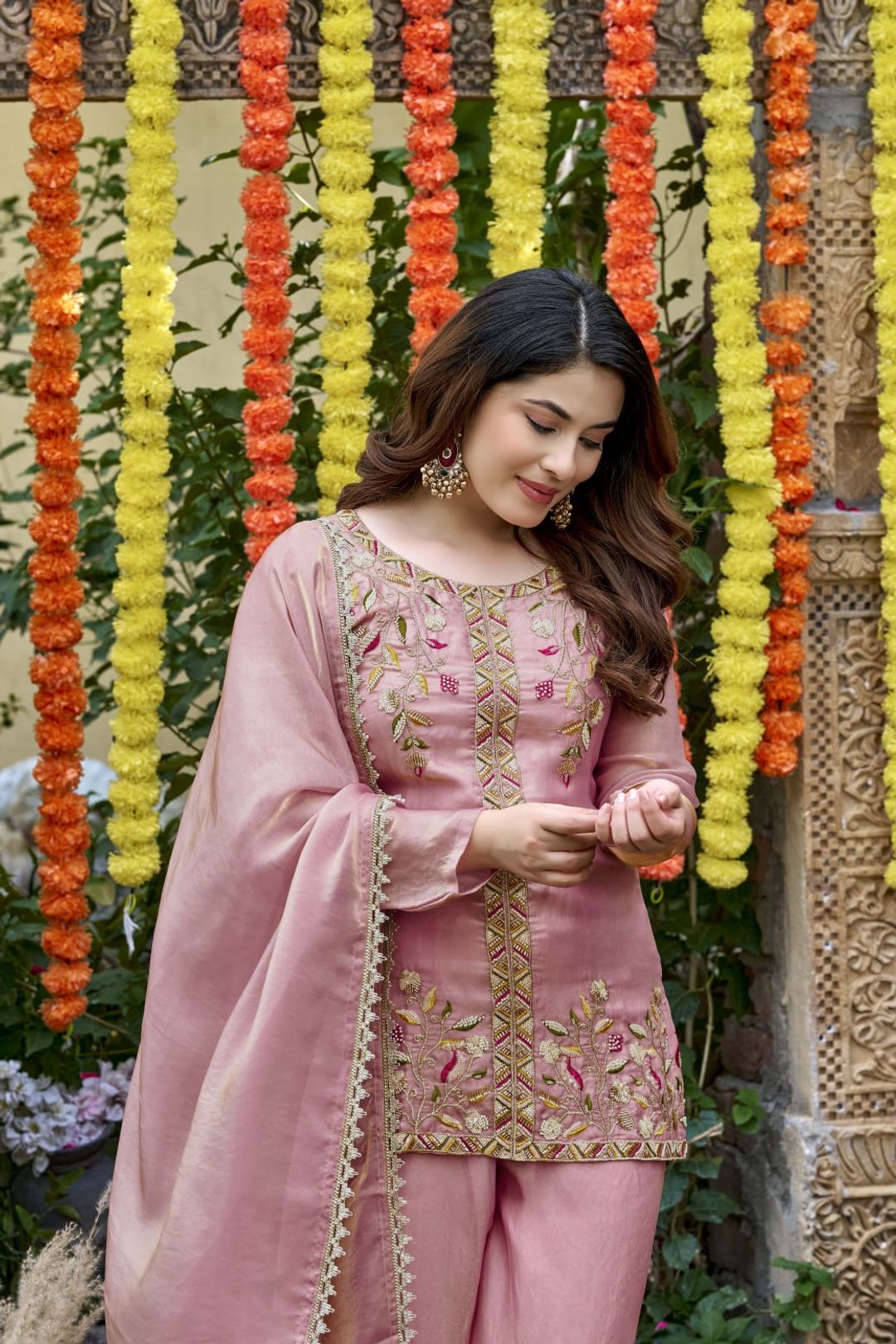 Dusty Pink Frendy Silk Embroidered Sarara Suit with Dupatta