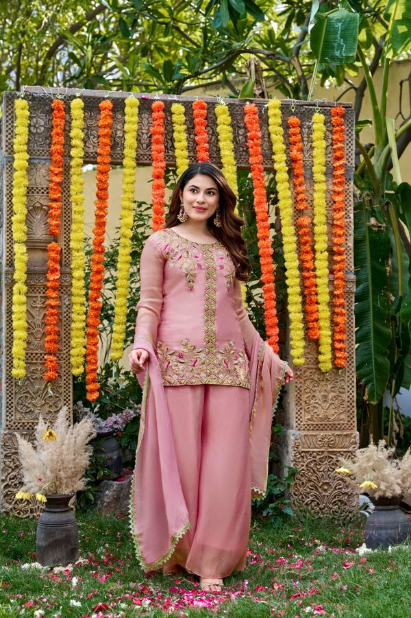 Dusty Pink Frendy Silk Embroidered Sarara Suit with Dupatta
