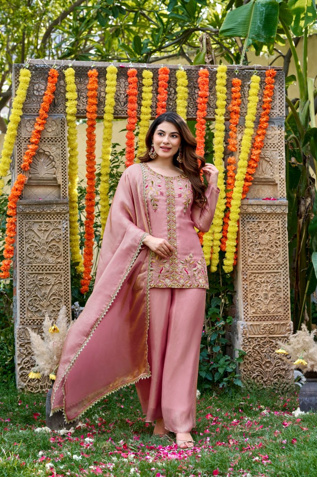 Dusty Pink Frendy Silk Embroidered Sarara Suit with Dupatta