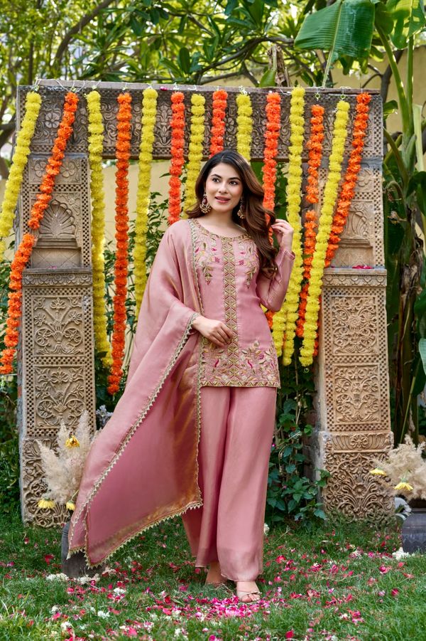 Dusty Pink Frendy Silk Embroidered Sarara Suit with Dupatta