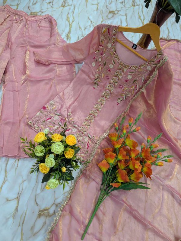 Dusty Pink Frendy Silk Embroidered Sarara Suit with Dupatta