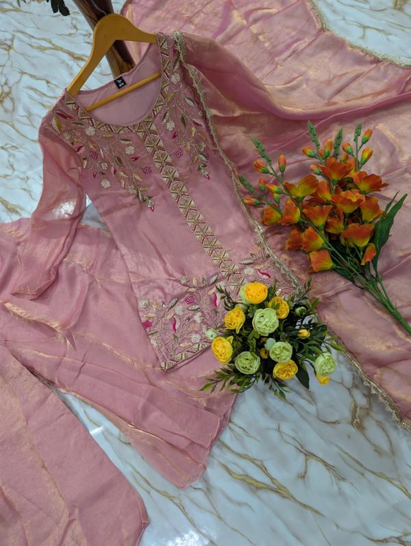 Dusty Pink Frendy Silk Embroidered Sarara Suit with Dupatta