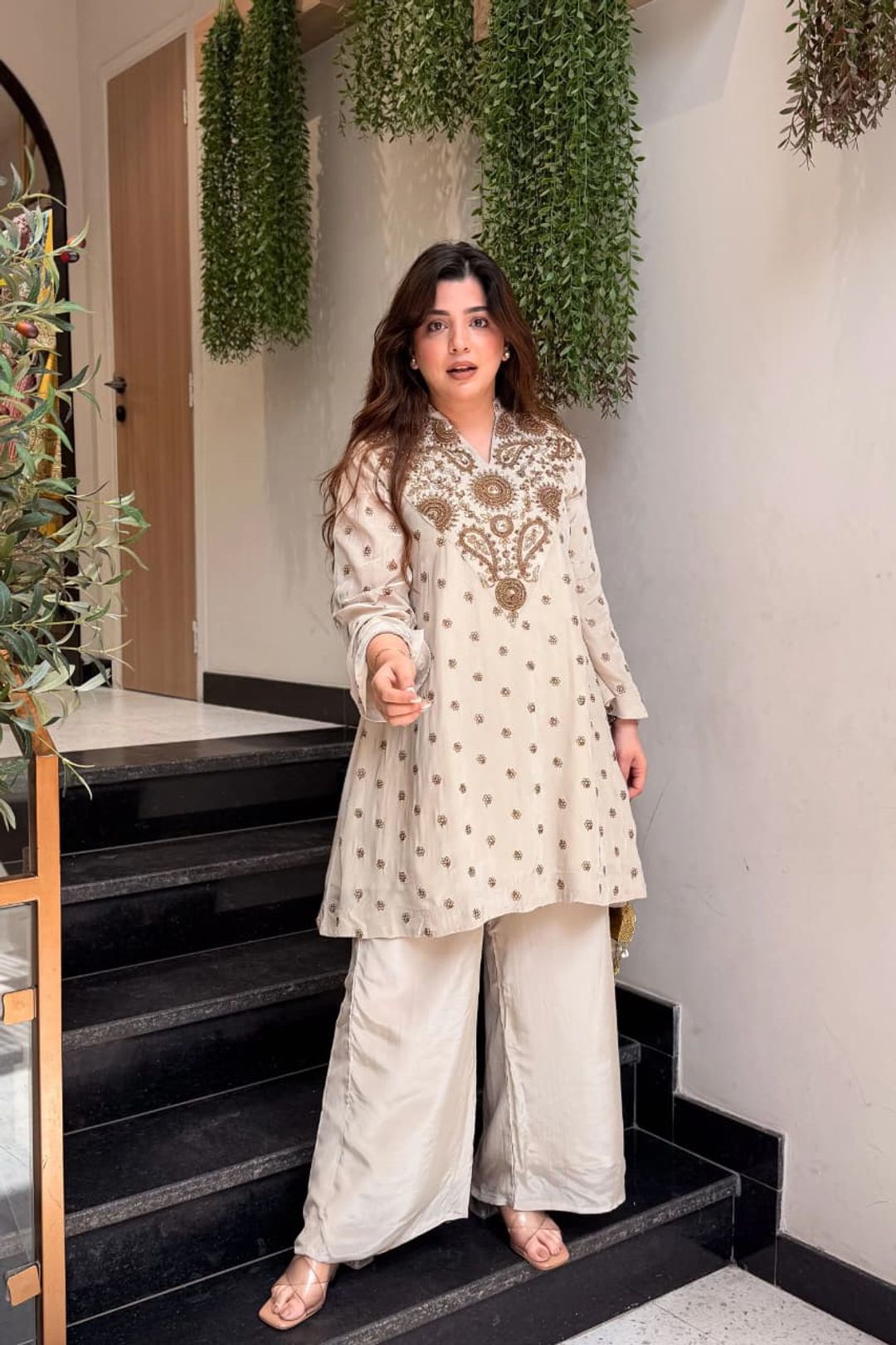ALFA Ivory French Crepe Embroidered Kurta Pant Set for Women