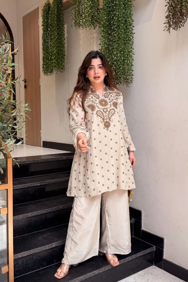 ALFA Ivory French Crepe Embroidered Kurta Pant Set for Women