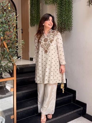 ALFA Ivory French Crepe Embroidered Kurta Pant Set for Women