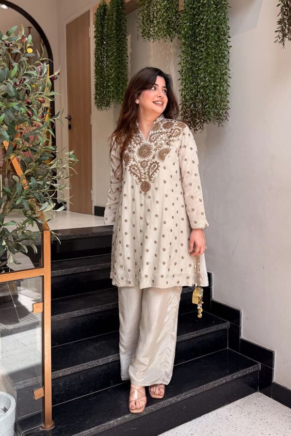 ALFA Ivory French Crepe Embroidered Kurta Pant Set for Women